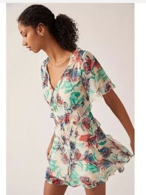 Anthropologie Cream Dress with Teal and Coral Floral Print